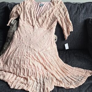 Pink Asymmetrical Wrap Midi Dress with Puff Sleeves